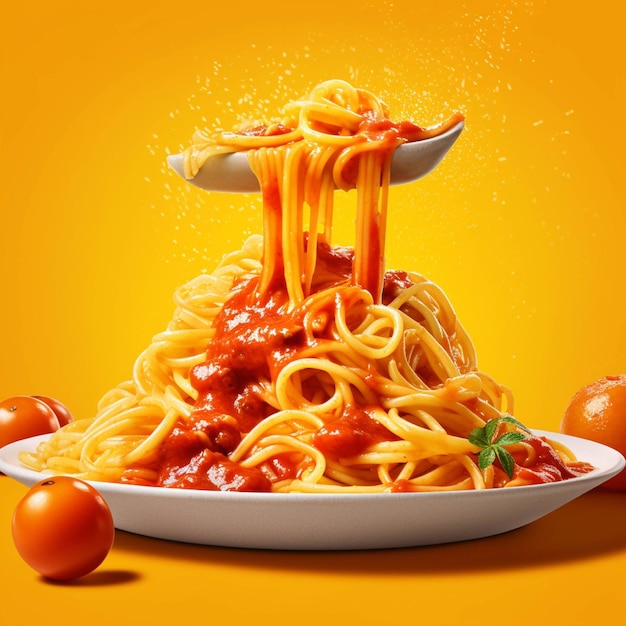Spaghetti with tomato sauce and cherry tomatoes on a yellow background