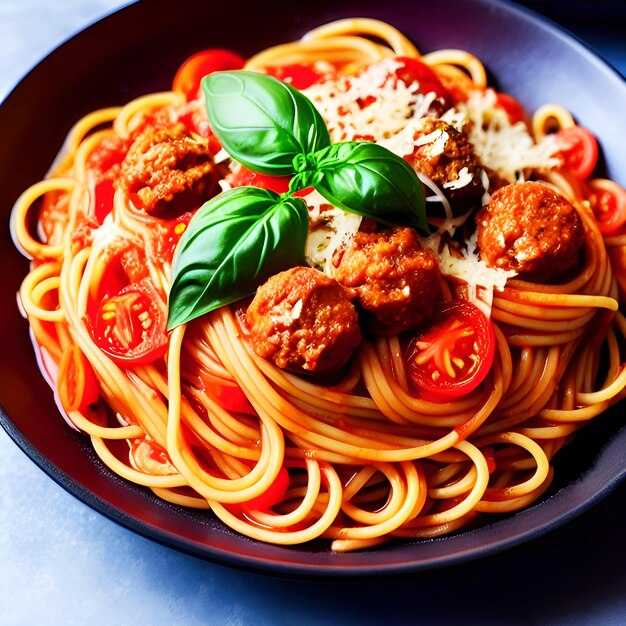 Spaghetti with tomato sauce and meatballs in a plate on a wooden table Generative Ai