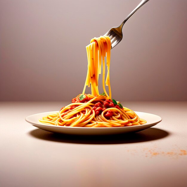 Spaghetti with tomato sauce on a white table with a fork