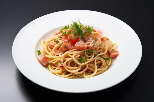 Спагетти с помидорами и травами на белой тарелке