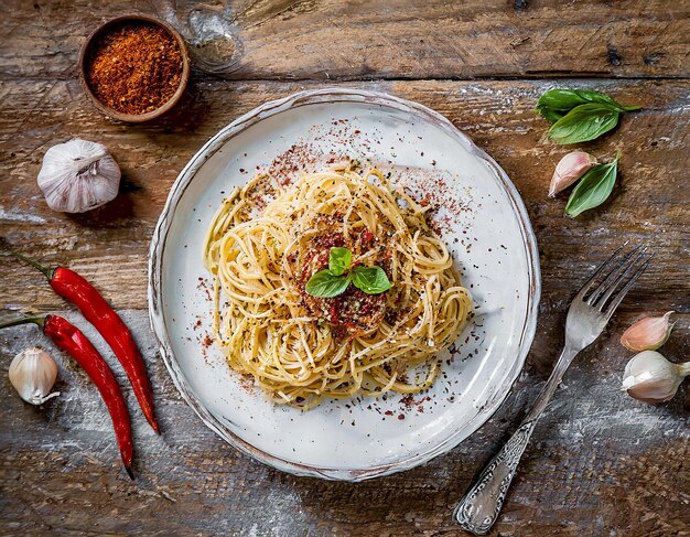 Spaghetti with various sauces Cacio e pepe carbonara spaghetti with garlic oil and chilli pepper