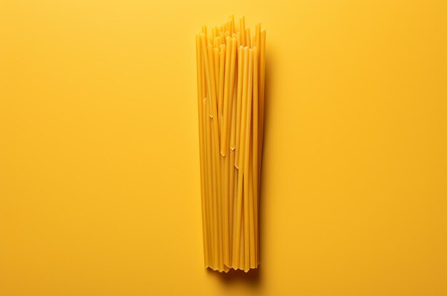 Spaghetti on yellow background top view Generative AI