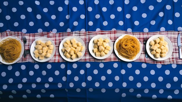 Spaghettigedeelten met kaas op een blauw tafelkleed Generatieve AI