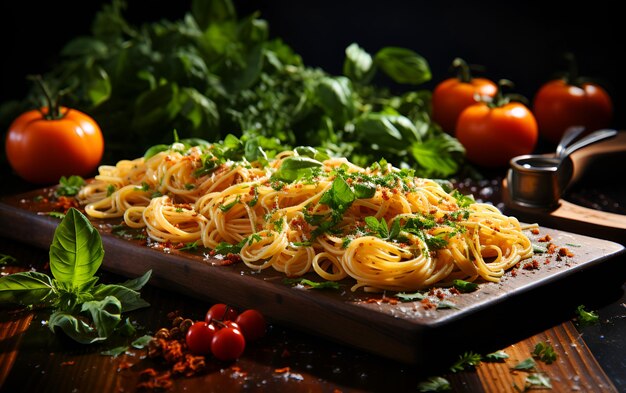 Foto spaghettinoedels en ingrediënten voor het koken op houten borden