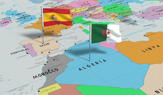 Foto spagna e algeria contrassegnano le bandiere sull'illustrazione 3d della mappa politica