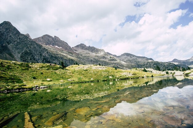 Spain, aragon, Pyrenees. panoramic landscape view from mountain and lake on sunny day