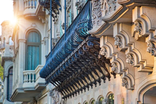 Spain Barcelona architecture and colorful streets in historic city center of Las Ramblas