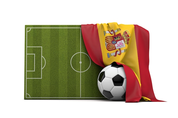 Spain country flag draped over a football soccer pitch and ball 3D Rendering