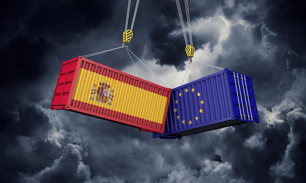 Spain and europe trade war concept clashing cargo containers d render