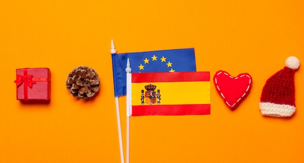 Spain and Europe Union flags with Christmas gifts