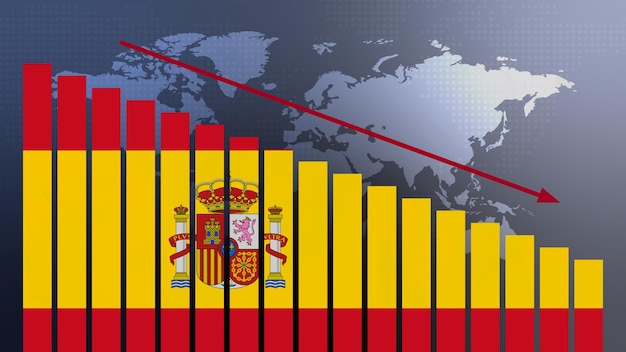 Spain flag on bar chart concept with decreasing values concept of economic crisis politics conflicts war concept with flag