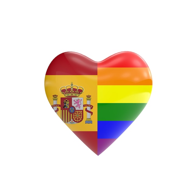 스페인 국기와 게이 LGBT 무지개 깃발 심장 모양 게이 권리 개념 3D 렌더링
