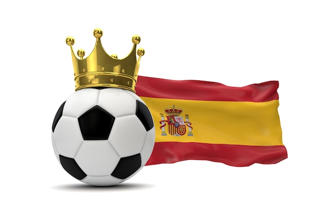 Spain flag and soccer ball with gold crown 3D Rendering