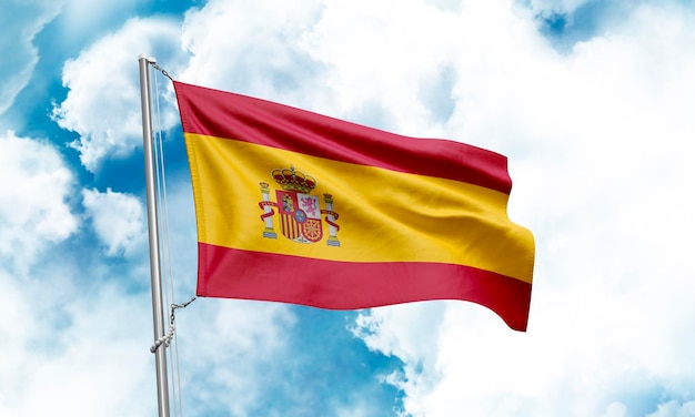 Spain flag waving on sky background 3D Rendering