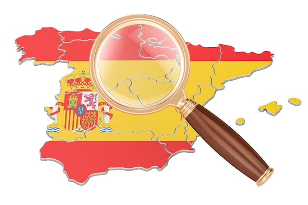 Photo spain under magnifying glass analysis concept 3d rendering