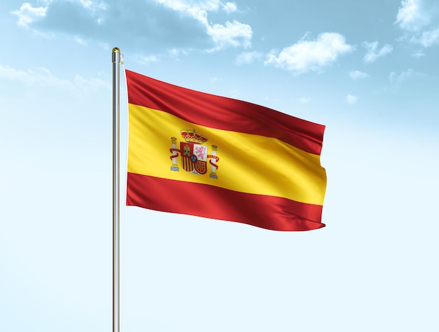 Spain national flag waving in blue sky with clouds Spain flag 3D illustration