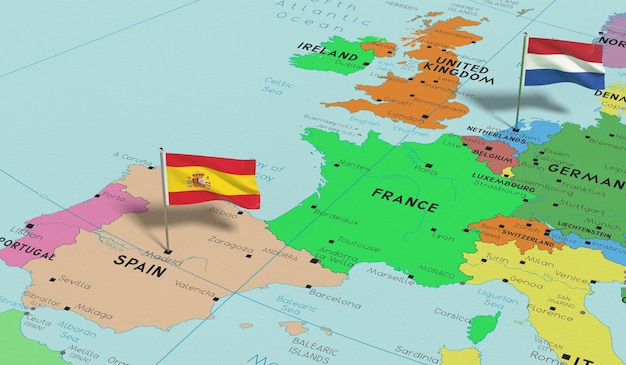 スペインとオランダは政治地図 3 D イラスト上のフラグをピンします。