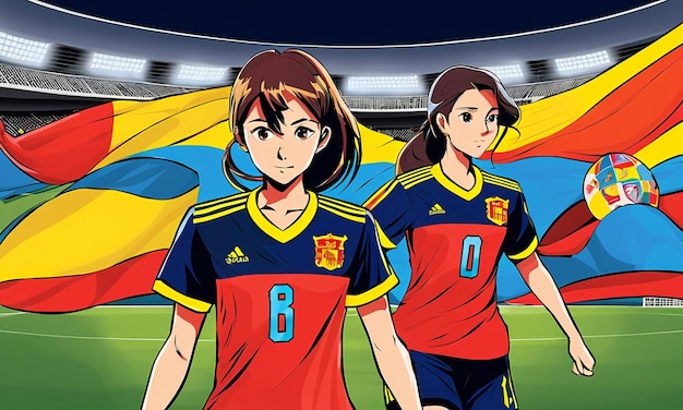 Spain's women's national football team victory girls playing soccer in cartoon anime style