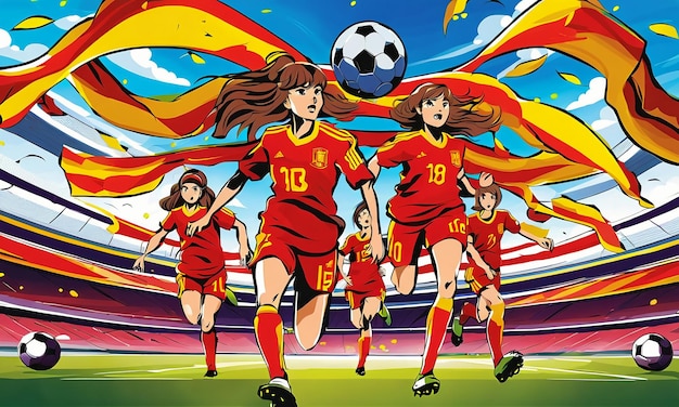 Spain's women's national football team victory girls playing soccer in cartoon anime style