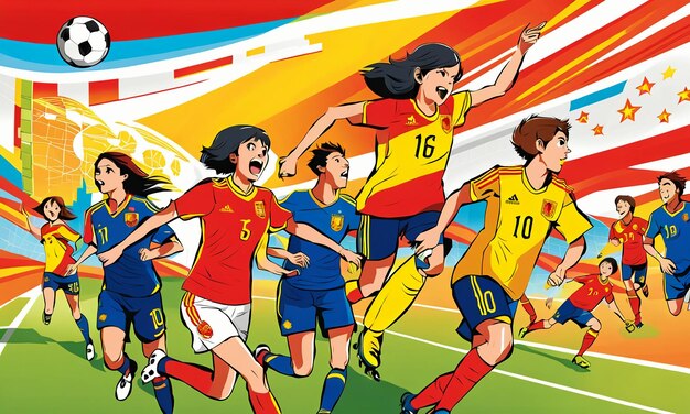 Spain's women's national football team victory girls playing soccer in cartoon anime style