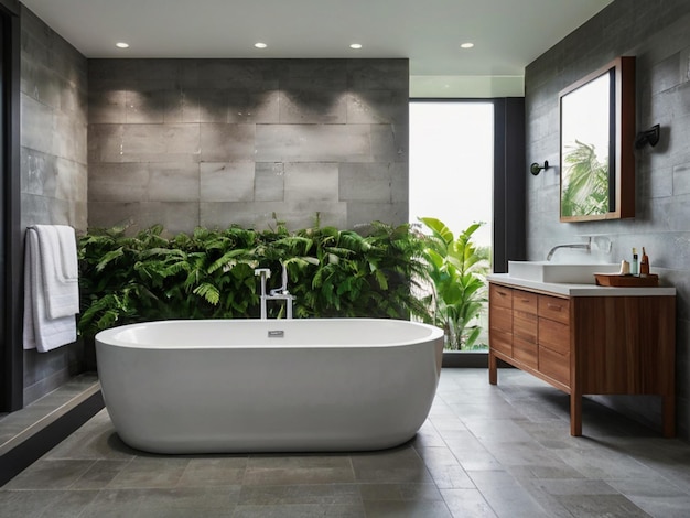 A spain spired bathroom featuring cool gray stone tiles a freestanding bathtub in pure white lush