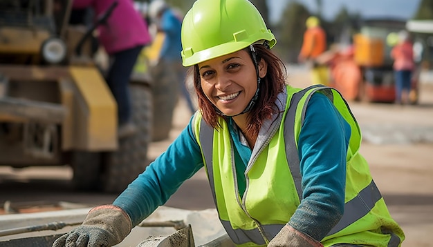 spain woman doing road works contractor smiling road construction construction vehicles