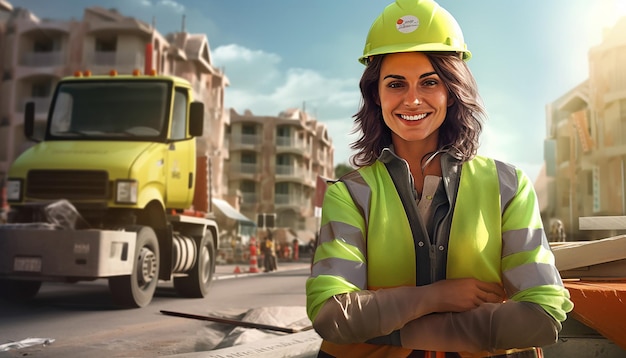 spain woman doing road works contractor smiling road construction construction vehicles