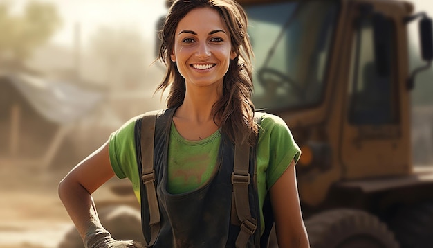 spain woman doing road works contractor smiling road construction construction vehicles