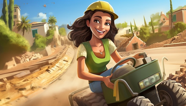 스페인 여자 도로 공사를 하는 계약자 웃는 도로 건설 건설 차량