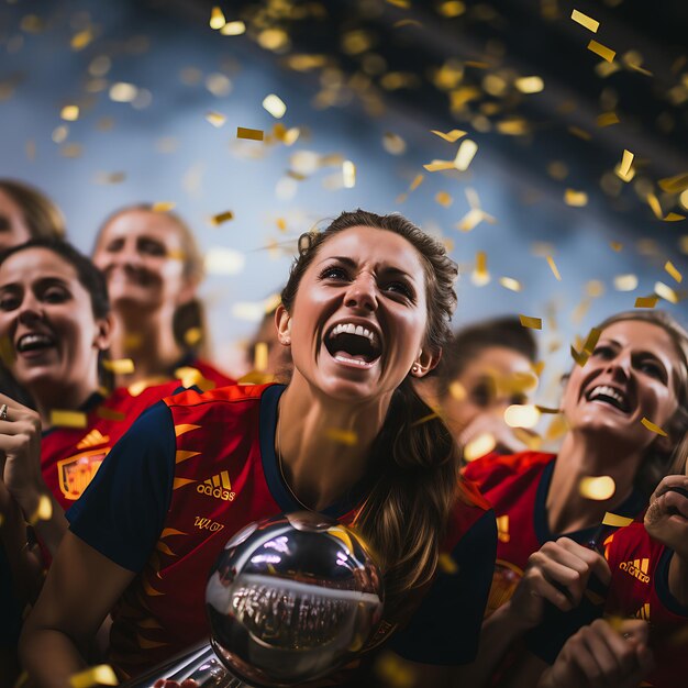 Foto vittoria della nazionale di calcio femminile della spagna la squadra spagnola festeggia dopo aver vinto la finale