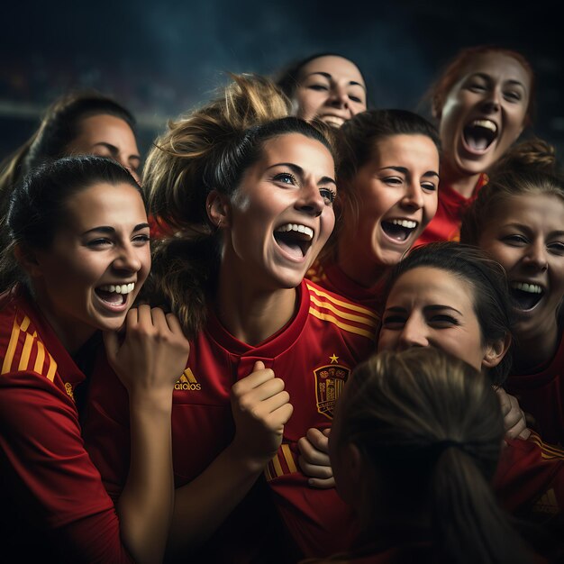 Foto vittoria della nazionale di calcio femminile della spagna la squadra spagnola festeggia dopo aver vinto la finale