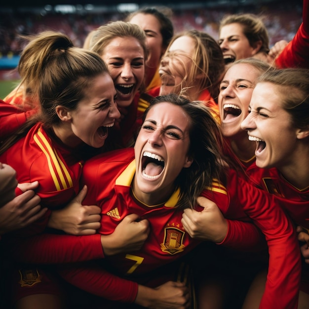스페인 여자 축구 선수들이 승리를 자축하고 있다
