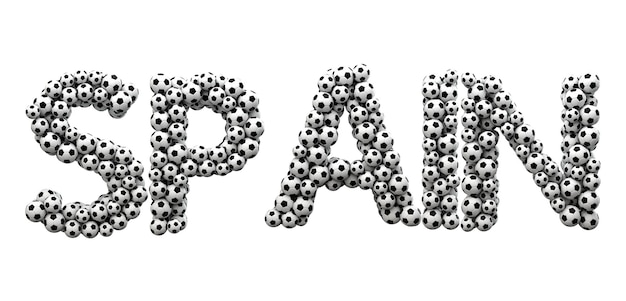 Spain word made from a football soccer ball texture 3D Rendering