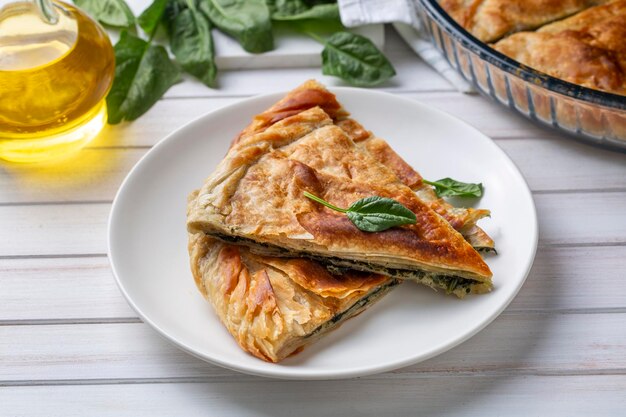 Spanakopita Griekse phyllo gebak pie met spinazie en feta kaas vulling Heerlijke handgemaakte taarten Turkse naam el acmasi borek