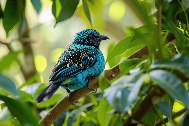 A Spangled Cotinga in its natural habitat perched on a branch amidst lush tropical foliage