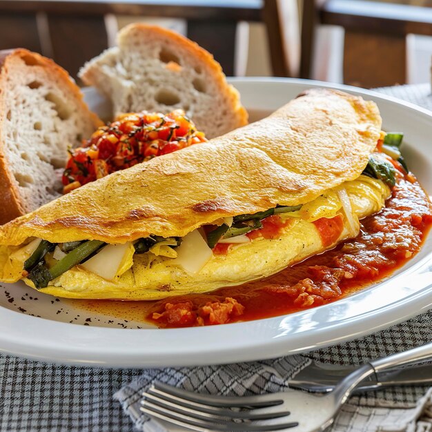 Photo spanich omelet with bread and tomato sauce for breakfast