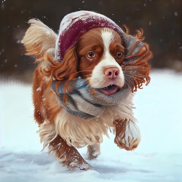 Spaniel dog in knitted hat running in a winter park Generative AI