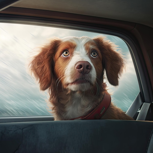 spaniel hond close-up kijkt uit het raam op de achterbank in de auto wanneer deze wordt weggenomen