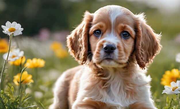 Foto spaniel puppy in het gras tussen de bloemen