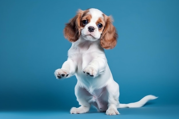 스튜디오에서 놀고 있는 스패니얼 강아지는 귀여운 강아지나 애완동물이 파란색 배경에 고립되어 점프하고 있습니다.