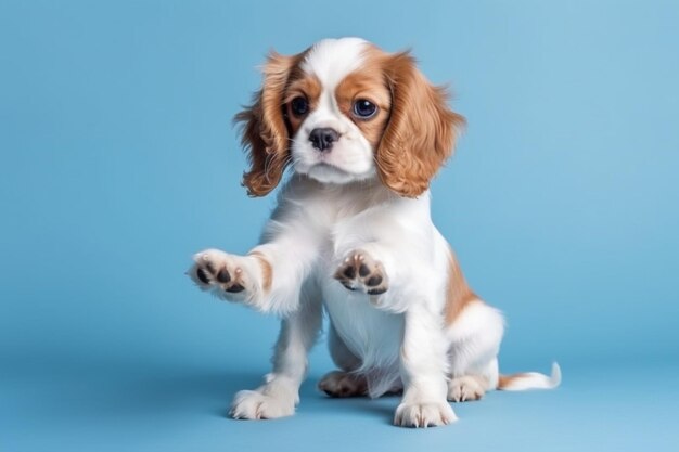 Spaniel puppy playing in studio cute doggy or pet is sitting isolated on blue background the cavalier king charles negative space to insert your text or image concept of movement animal rights