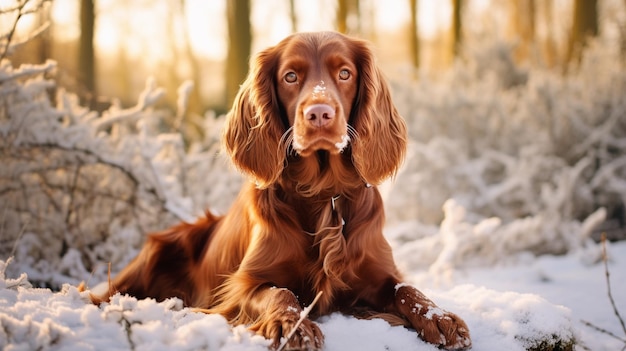 Spaniel sits on a background of winter trees
