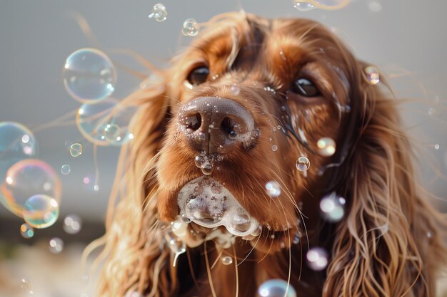 Photo spaniel with bubbles stuck on its whiskers and face