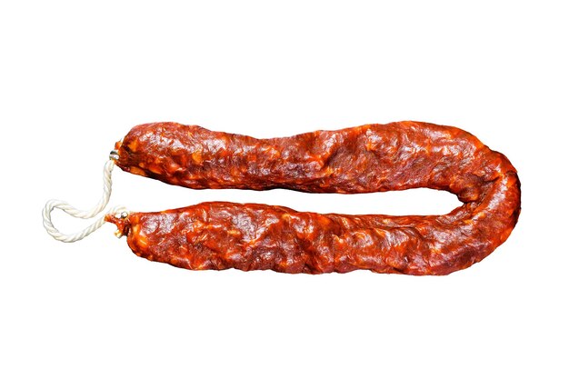 Spanish chorizo pork cured sausage Isolated on white background top view