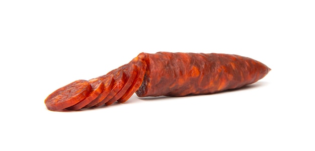 Spanish chorizo sausage on white background