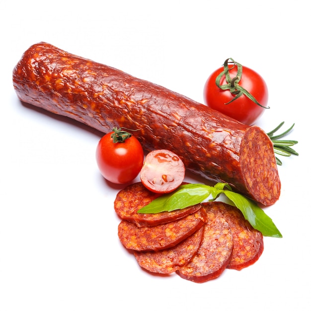 Photo spanish chorizo sausage on white surface