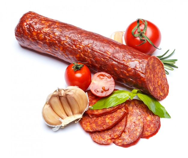 Photo spanish chorizo sausage on white surface