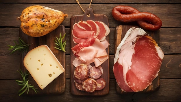 Photo spanish cold cuts embutidos cheese sausage and ham on wooden table