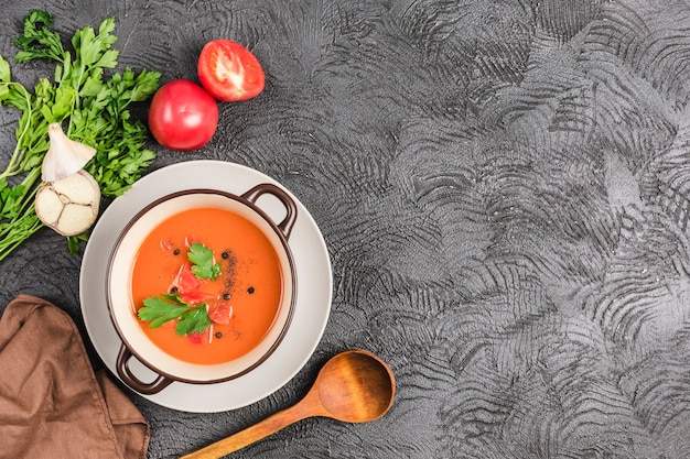 Spanish cold gazpacho soup with tomatoes and fresh herbs