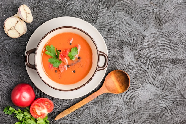 Spanish cold gazpacho soup with tomatoes and fresh herbs